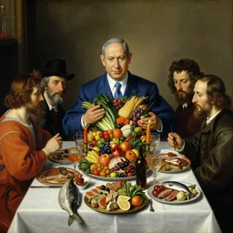 insanely detailed painting of benjamin netanyahu at thanksgiving table, belly full, fruits, vegetables, meats, fish, candles, skulls, by giuseppe arcimboldo and pieter claesz and grant wood