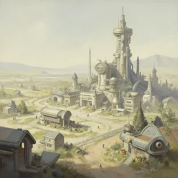 a small sci - fi town, airbrush painting, pale, wide shot,