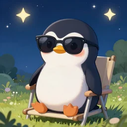 digital art of a cute and small penguin sitting outside on a chair at night wearing sunglasses!!! detailed, bright stars, trending on artstation, digital art, award winning art, detailed digital art, painting, trending on pixiv