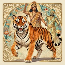 full body portrait of bengal tiger as indian warrior caste, growling, strong and ferocious by artgerm, cushart krenz, greg rutkowski, mucha. art nouveau. gloomhaven, tiger fur body, vibrant colors, sharp edges. ultra clear detailed. 8 k. elegant, intricate, octane render