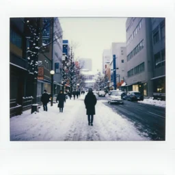 atmospheric polaroid photograph of a snowy tokyo street