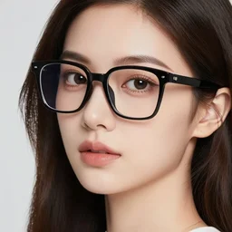 Head and shoulder portrait of a young beautiful good looking woman with big black nerdy glasses, 4k, studio lighting, detailed