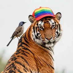 bird sitting on the back of a tiger . The tiger is wearing a rainbow cap