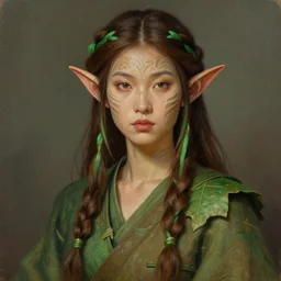 a highly detailed portrait painting of a beautiful healer elf, female, long brown hair with braids and green highlights, long elf ears, asian decent, facial tribal markings, green and brown robe with leave ’ s, by greg rutkowski and alphonse mucha, sharp focus, matte, concept art, artstation, digital painting