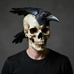 a a man with a raven skull for a head,