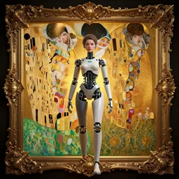 a photo of a girl half robot, 3 d render 8 k shoot, volume light, cinematic light effect, super realistic, super wide angle, rococo ornament, cinematic, symmetrical ornament, decorative frame, by victo ngai, moebius, metal hurlant, leon francois comerre, craig mullins, mucha, klimt, artstation
