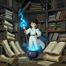 cartoon wizard,  scrolls of magic , blue  light , shelves of scrolls and magic books , pot of alchemy , Dramatic lighting, Epic composition, Wide angle, by Miyazaki, Nausicaa Ghibli