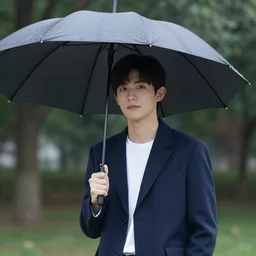 young man holding an umbrella, 14mm high-resolution color photo