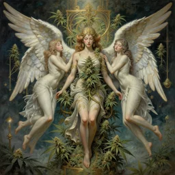 breathtaking detailed concept art painting art deco angels in cannabis heaven amalgamation cannabis, by hsiao - ron cheng, bizarre compositions, exquisite detail, extremely moody lighting, 8 k