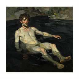 hyperrealist painting full body in a black water river, by lucian freud and bouguereau, alphonse mucha,, very detailed faces