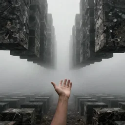 arm reaching out of thick fog, many rows of stone blocks in far distance, floating in mid - air, symmetrically lined up horizontally, close together, levitating, zdzislaw beksinski