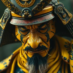 close up portrait of old samurai, goth punk, vibrant yellow colors, surreal, french baroque style by alexander mcqueen, hyper detailed, cinematic, art by bill sienkiewicz trending artstation