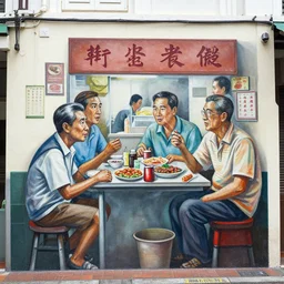 Singapore prime ministers in a hawker centre, by Yip Yew Chong, street art