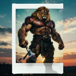 muscular oversized lion animal as barbarian hunter covered in blood with weapon and anthropomorphic human oversized mutant proportions and very hairy body , backlight  body , extreme very textured detailed panoramicpolaroid photograph, silhouette over sunset, dramatic clouds and cyan atmosphere