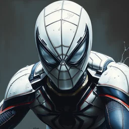 photorealistic, hyperdetailed, oil painting, of a white and black, spider - man suit, by greg rutowski