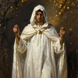 a portrait of a man wearing a long white cloak, hood and shadows covering face, holding golden chains, oil painting, Volumetric Golden dappled dynamic lighting, Highly Detailed, Cinematic Lighting, Unreal Engine, 8k, HD