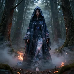 a full body portrait of a mysterious goddess with a very long hooded cloak made of stars and clouds walking through a forest,, by maciej kuciara and jason chan and makoto shinkai and rodney matthews, ominous, auras, smoke, fire, embers, vapor, trending on artstation, ultra detailed, hyper realistic 4 k, volumetric light