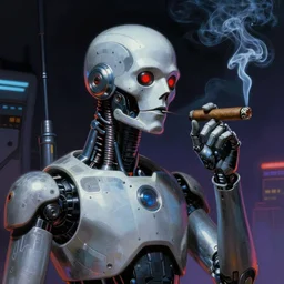 An android smoking a cigar in a cyberpunk setting, by Frank Frazetta, dramatic lighting, 1980s colours, as trending on Artstation, highly detailed,