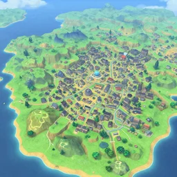 medium sized coastal town in a video game similar to pokemon sword and shield. varied height level terrain, overview