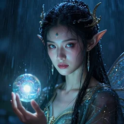 hyperrealism, night background raining, super zoom, close - up portrait of elven fairy sorceress!!! necromancer!!! glowing orbs, artwork by tooth wu and wlo and greg rutkowski and boris vallejo, cinematic, high detail, octane render, 8 k