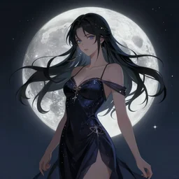 woman wearing a dark astral dress, anime portrait, goddess of the moon, elegant, digital painting, artstation, art by artgerm and makoto shinkai