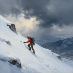 a climber climbs a snowy mountain in a storm, portrait, close view, painting by craig mullins, octane rendering, soft morning lighting, wide angle lens, in the style of hayao miyazaki, trending on artstation,