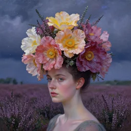 closeup, giant flowers as head mohawk, a woman in heather field, surreal photography, starlight, storm clouds, impressionist painting, digital painting, artstation, simon stalenhag