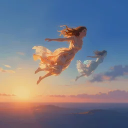 A render of spirits flying over the horizon by Roger Dean, 8K concept art, vibrant, hazy