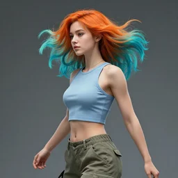 a award winning half body portrait of a beautiful caucasian woman in a croptop and cargo pants with ombre orange blue teal hairstyle with head in motion and hair flying by martine johanna, outrun, vaporware, digital art, trending on artstation, highly detailed, fine detail, intricate