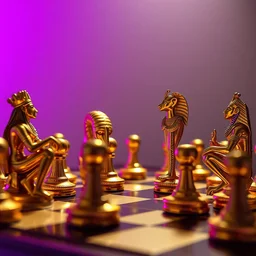 photo of a chess game made of golden egyptian gods, low angle, purple light from the left side, 1 8 mm, hyperrealistic, very detailed
