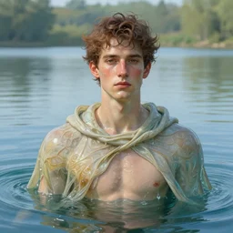 body portrait of a young man made of water emerging from a lake, wearing a cloak, by terry o'neill intricate, elegant, highly detailed, digital painting, glistening skin, artstation, concept art, smooth, sharp focus, natural lighting, bright colors, illustration, art by artgerm and greg rutkowski and alphonse mucha, 8 k