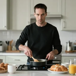 a portrait of agent smith from the matrix making breakfast in the kitchen cooking an egg on a frying pan with bacon, dynamic lighting, studio lighting, 8k, award winning photo