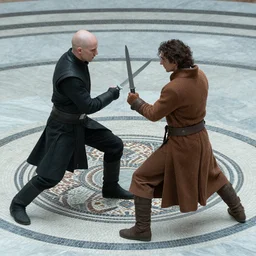 Ultra detailed Cinematic knife combat between bald_hairless_Austin_Butler-dressed-in-black and Timothee_Chalamet_dressed-in-brown-felt, on a mosaic marble floor dais, film still from Dune 2020, intricately detailed