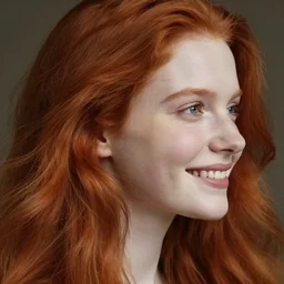 close up highly detailed portrait of a beautiful!!! smirking! pale girl with flowing red hairs, sideview!!!, side view, beautiful eyes. by greg rutkowski and gaston bussiere and craig mullins and j. c. leyendecker, hd