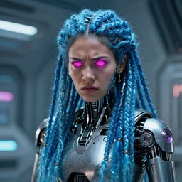 beautiful futuristic himba woman frowning inside a spaceship, glowing magenta mechanical eyes, robotic prosthetic arms, blue glass dreadlocks, hyperrealistic, sci - fi, dramatic lighting, intricate, soft focus, assymetrical
