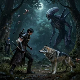 a wolf facing off against an alien in the woods at night with pixies in the air by hr giger, greg rutkowski, luis royo and wayne barlowe as a diablo, resident evil, dark souls, bloodborne monster : : hyper realistic, ultrarealistic, realism, photoreal, 8 k : :