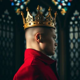 side - view portrait of a man wearing a golden crown, crowned, crown with small spikes, buzzcut, stubble, he wears a red coat, gothic stained glass window, very masterful, royal, backlit