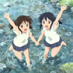 anime anime anime anime visual of two sisters playing in a crystal clear riverbed, cute face by ilya kuvshinov, makoto shinkai, kyoani, masakazu katsura, gelbooru, danbooru, dynamic pose, crisp and sharp, yoshinari yoh, rounded eyes, anime poster, cel shaded