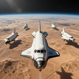 an ultra realistic shot of human migration in passenger space shuttles flying toward camera, perspective from space away from a dried desert dystopian earth, epic scale ultrawide angle, 3D  rendered, Vray rendered, octane render, unreal engine