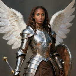 arabella mistsplitter, solo female darkskinned angelic soldier, midfifties, long brown hair, clear green eyes, african, ethiopian, short height, regular build, magnificent oval face, polished steel armor, shortsword, wooden shield a female dnd portrait, clear eyed, magical realism, realistic, by brian patterson and james gurney