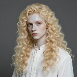 a pretty pale androgynous opal prince with long fluffy blond hair wearing a white poet shirt, very very very pale skin, very very curly blond hair, fluffy long blond curly hair, character design concept, cgsociety, by Gustave Repin and Dan Mumford, artstation