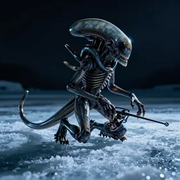 A Xenomorph ice-fishing in solitude, hi-res photo, ambient lighting