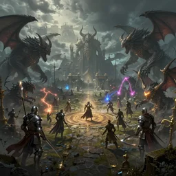 long shot fantasy battlefield with knights versus demons with magic and terror beasts, digital art, art station, render, volumetric light