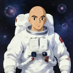 bald male astronaut, bubbles, universe, nebula, akira toriyama, ghibli, artstation, front view