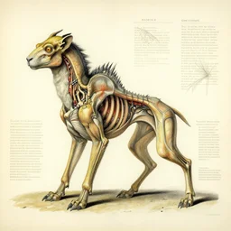 Vintage, detailed, colored sketch of mythical creature anatomy, full body, with full descriptions,Salvador Dali .