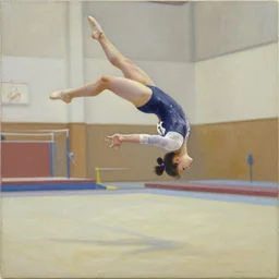 A gymnastics doing flips in a gymnasium, oil on canvas