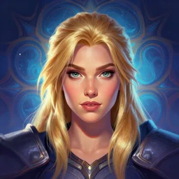 masterpiece head-on symmetrical centered painted portrait, just one head, Imogen Poots as a paladin, blonde hair, RPG character, Blizzard game concept art, pixar, dreamworks, stylized fractal background, splash comics, global illumination lighting, trending on artstation, by lois van baarle, ilya kuvshinov, rossdraws