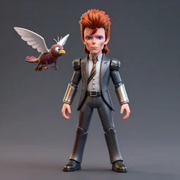 3d printed action figure of David Bowie as Nichola Tesla with a flying monkey, Hot Toys, macro photo, HD, octane render, ultra realistic, Enki Bilal style