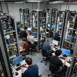 diverse groups of humans building the insides of supercomputers, from behind, wide angle, elaborate, highly detailed, beautiful lighting