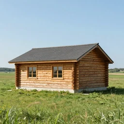 log house on sunny meadow